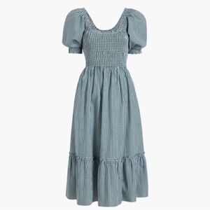 Hill House Gingham Puff-Sleeve Midi Dress in Teal Check